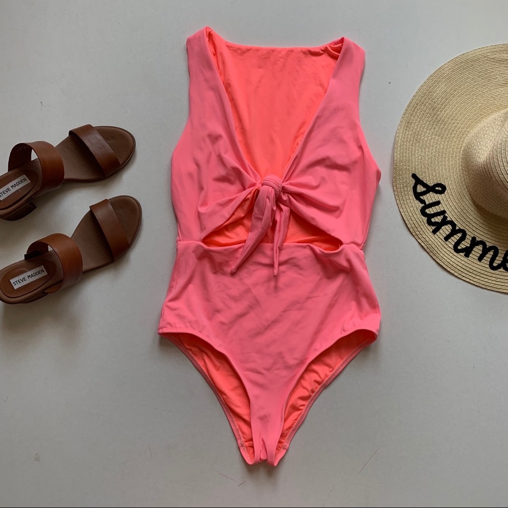 ASOS | Neon Pink Tie Front Swimsuit